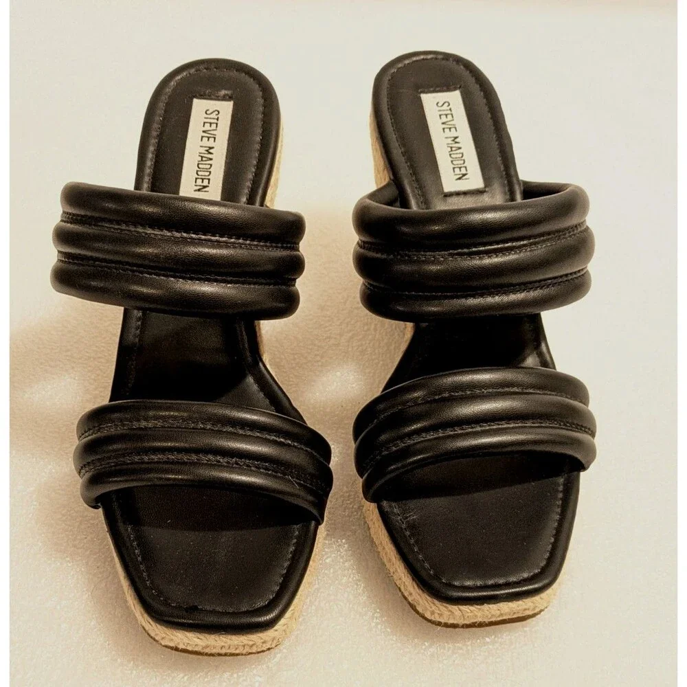 Steve Madden Tahani Wedge Espadrille Sandals Black Women's Size 9 Coastal Chic